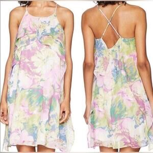 BCBGMaxAzria Women’s Spaghetti Strap Watercolor Floral Ruffle Dress Size S